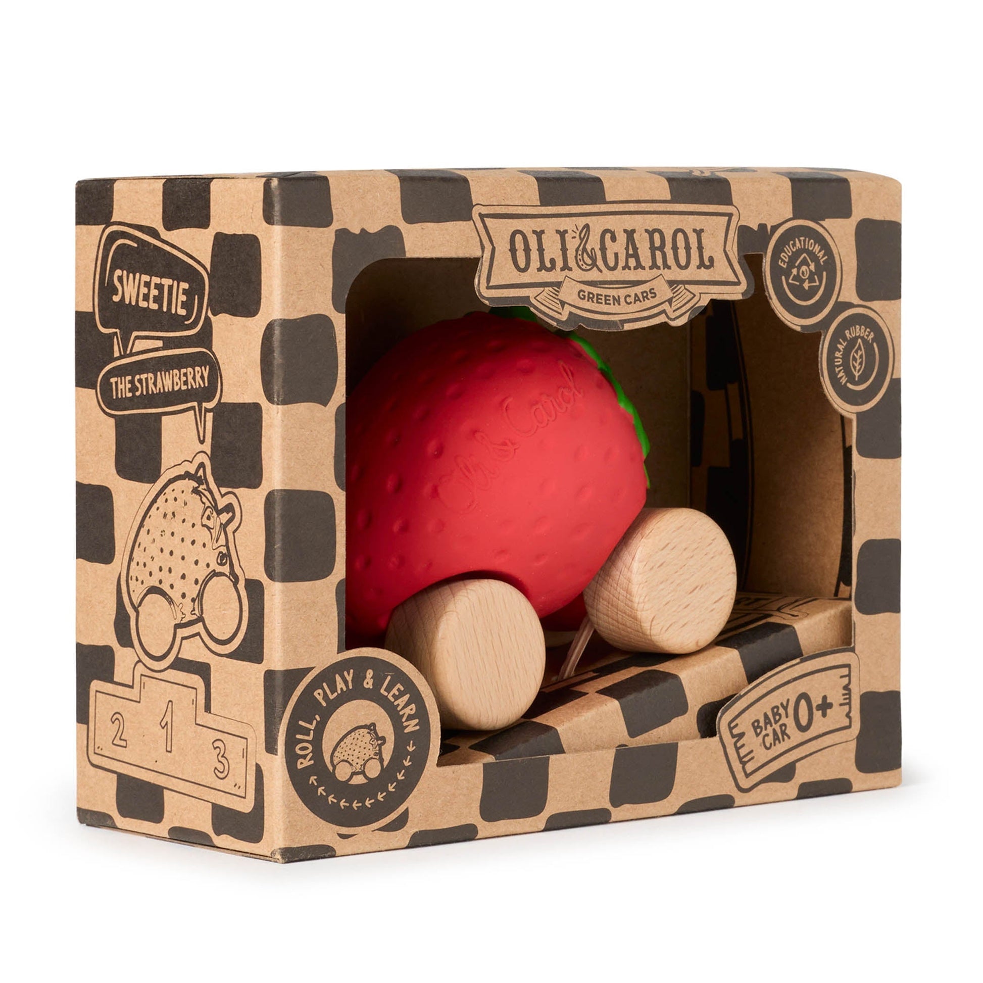Red ball and wooden toy in a branded box with Oli & Carol logo