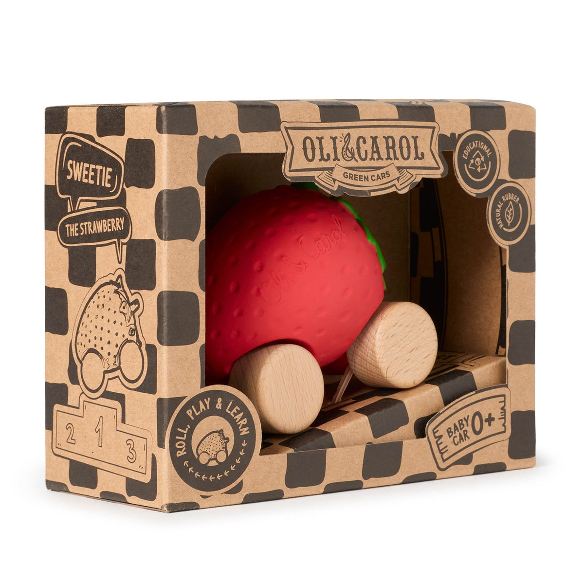 Red ball and wooden toy in a branded box with Oli & Carol logo