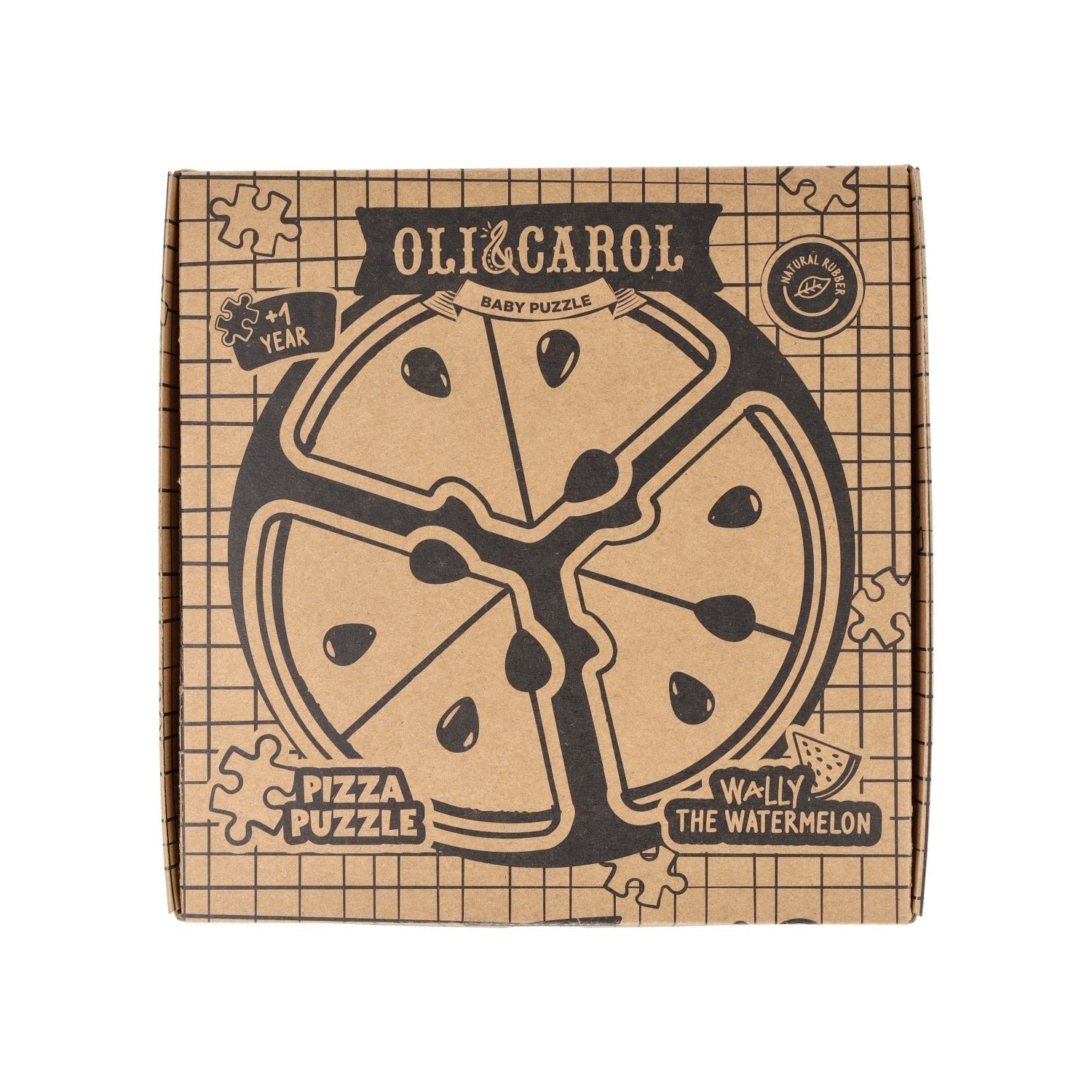 Oli & Carol pizza puzzle packaging with watermelon design on a white background