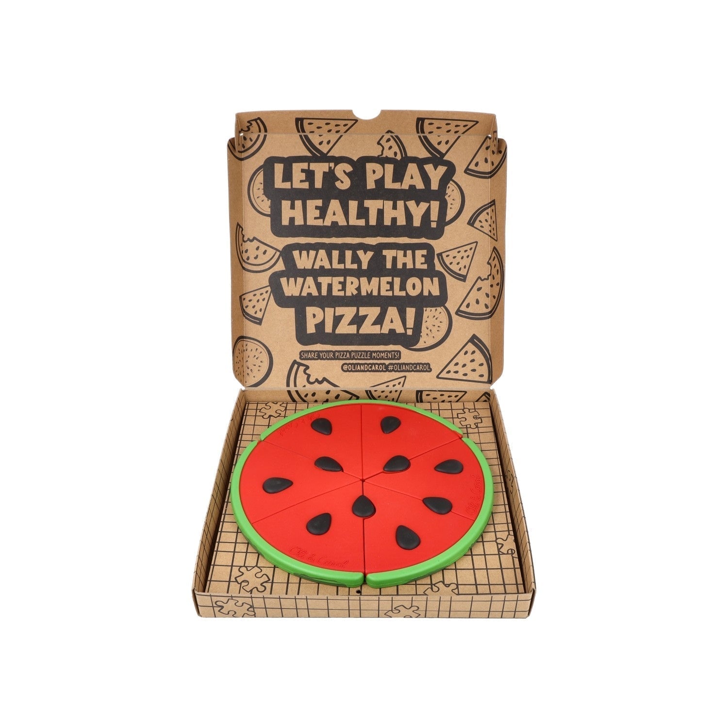 Playful pizza-shaped watermelon with cardboard box labeled 'Wally the Watermelon Pizza' on a white background