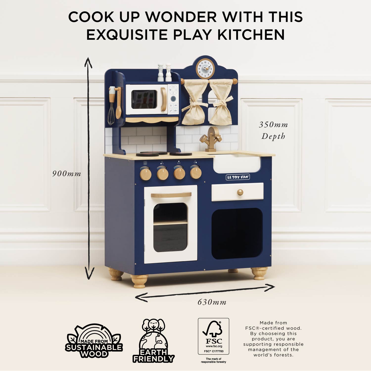Wooden play kitchen set with measurements and sustainability logos on a white background