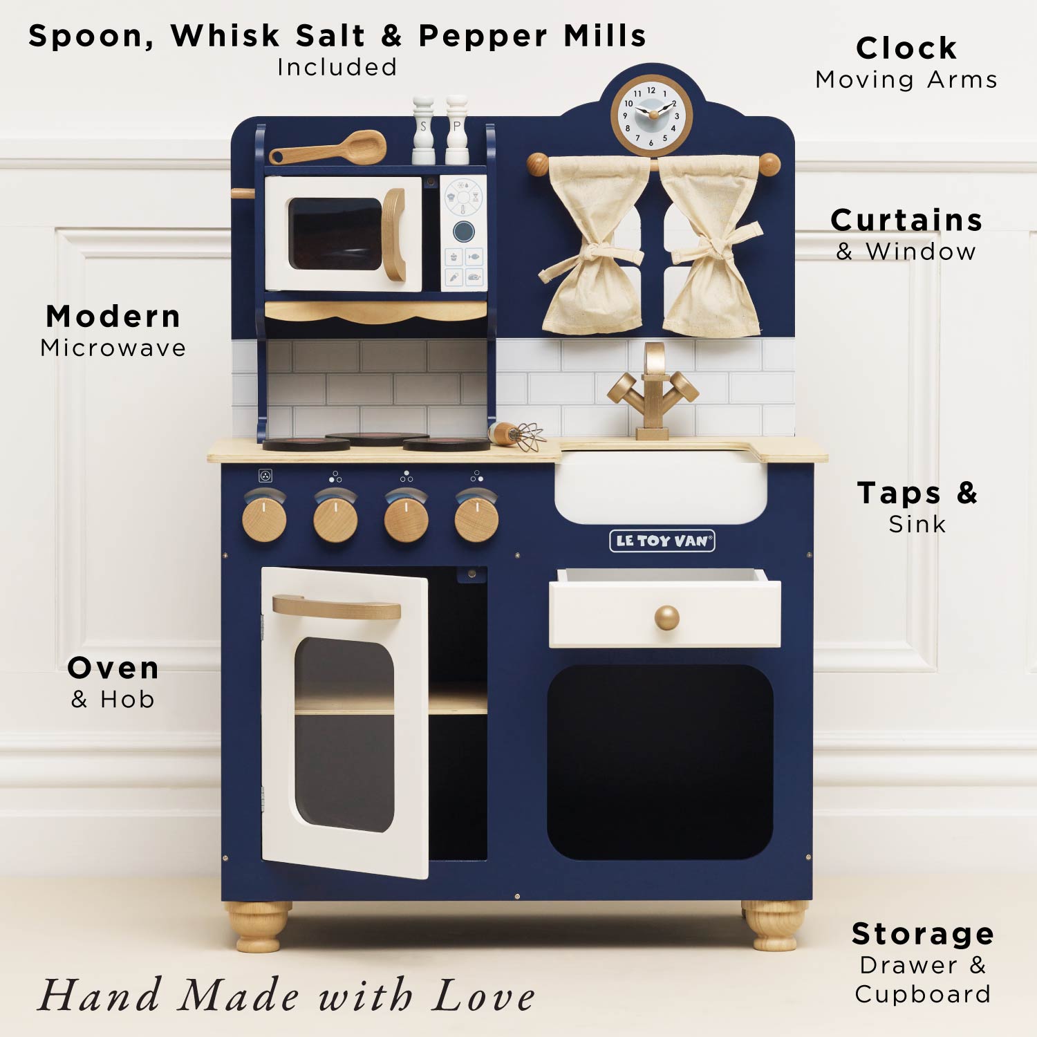 Children's play kitchen set with various features labeled on a white background