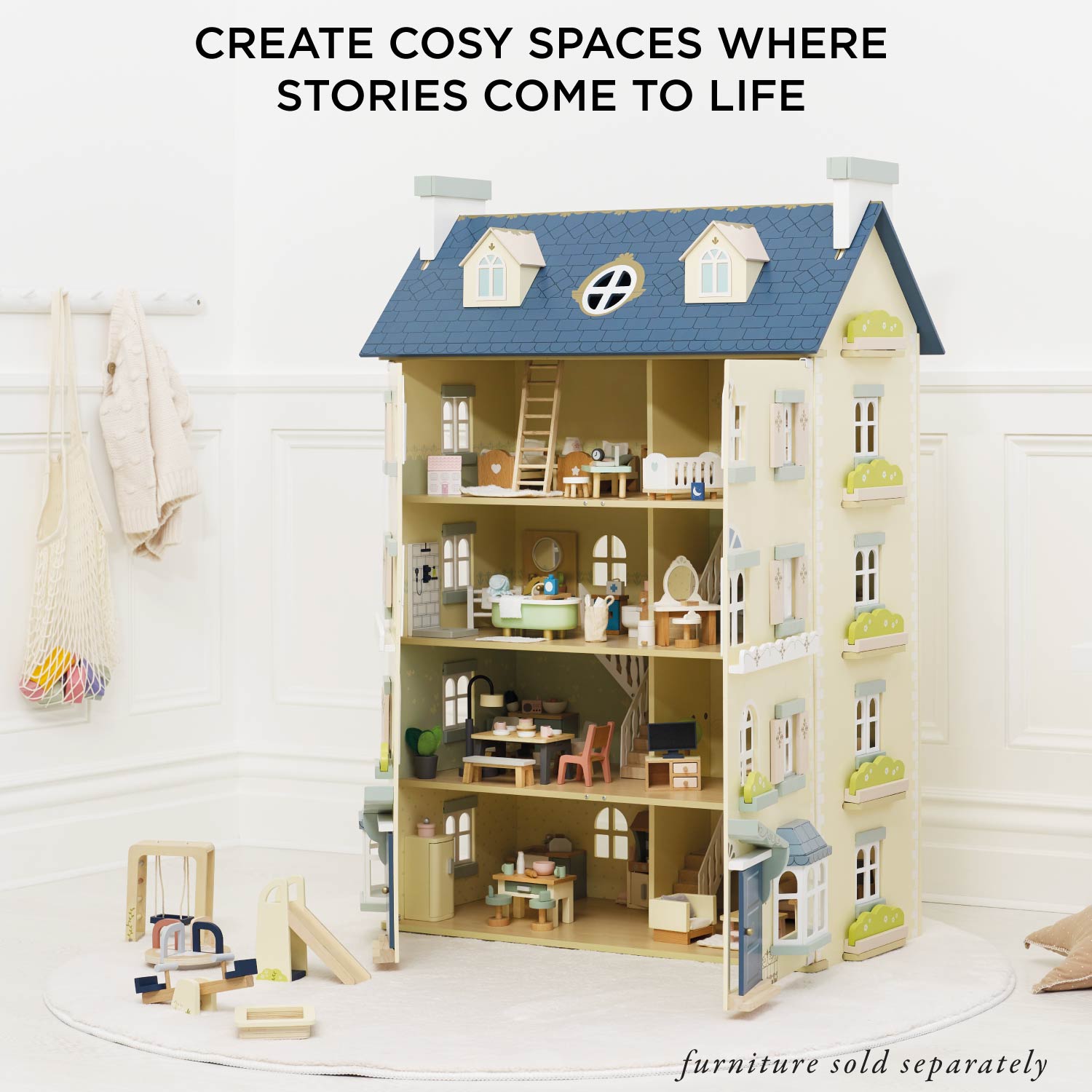 Wooden dollhouse with detailed interior and furniture on a white background, text 'Create Cosy Spaces Where Stories Come to Life'.