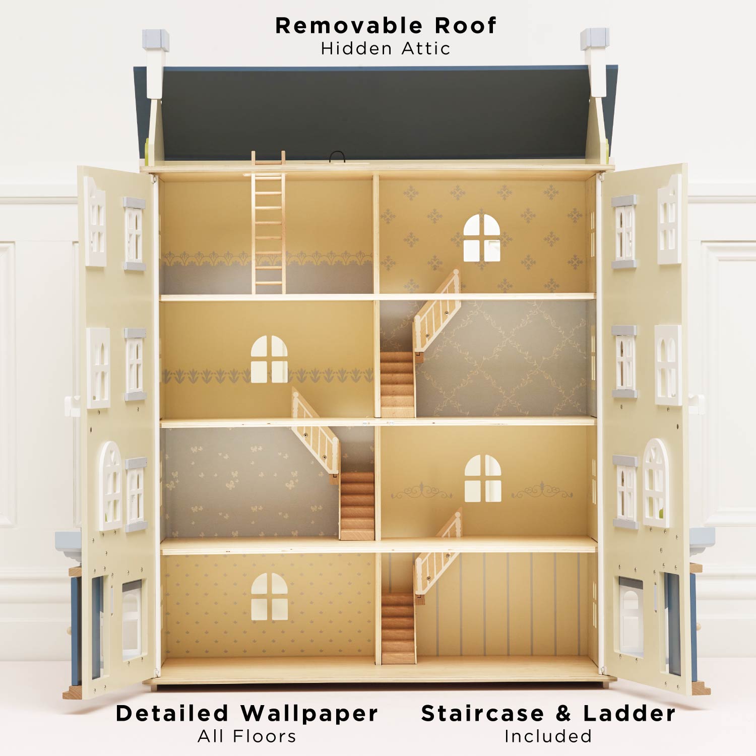 Wooden dollhouse with removable roof and staircase on a white background