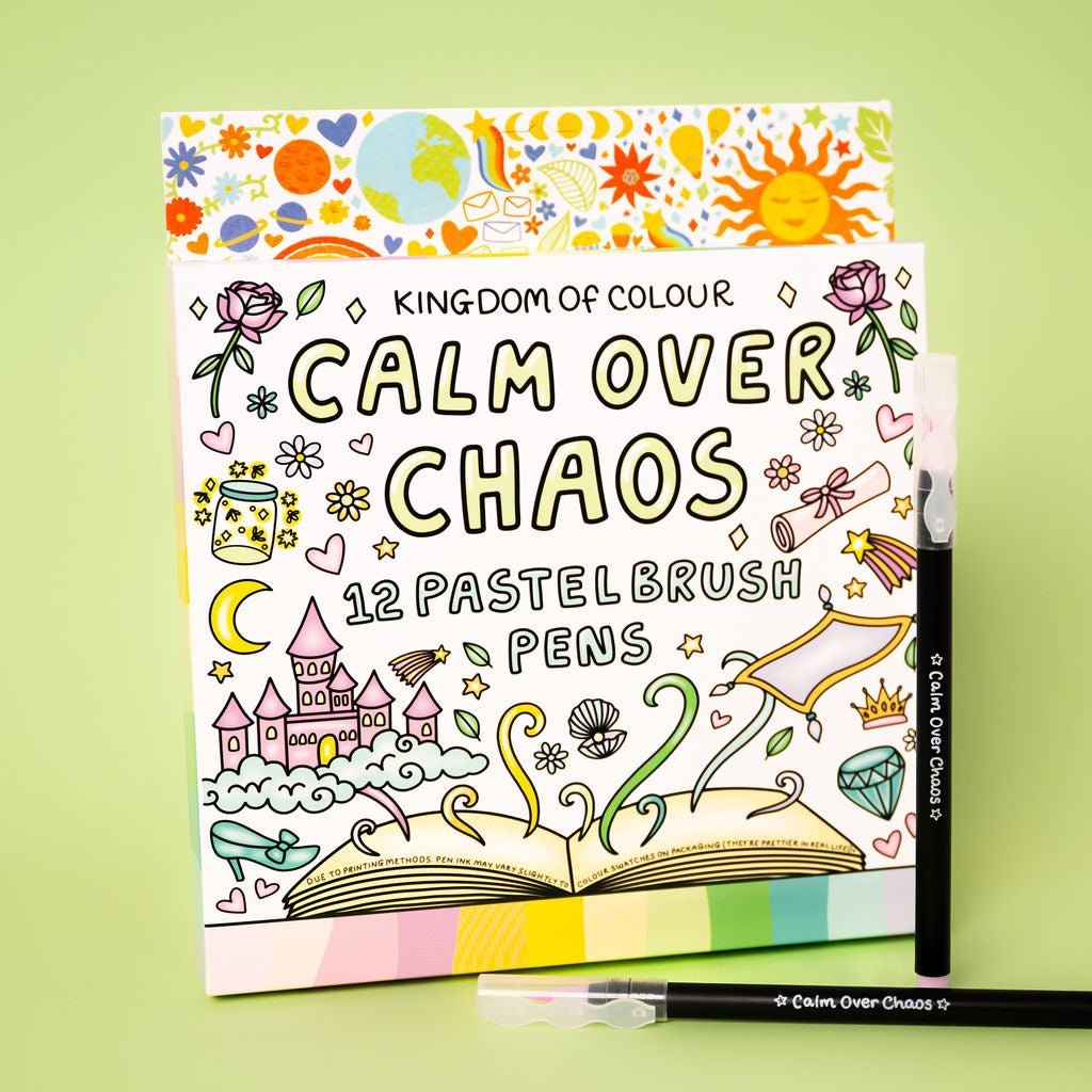 Coloring book titled 'Calm Over Chaos' with pastel brush pens on a green background