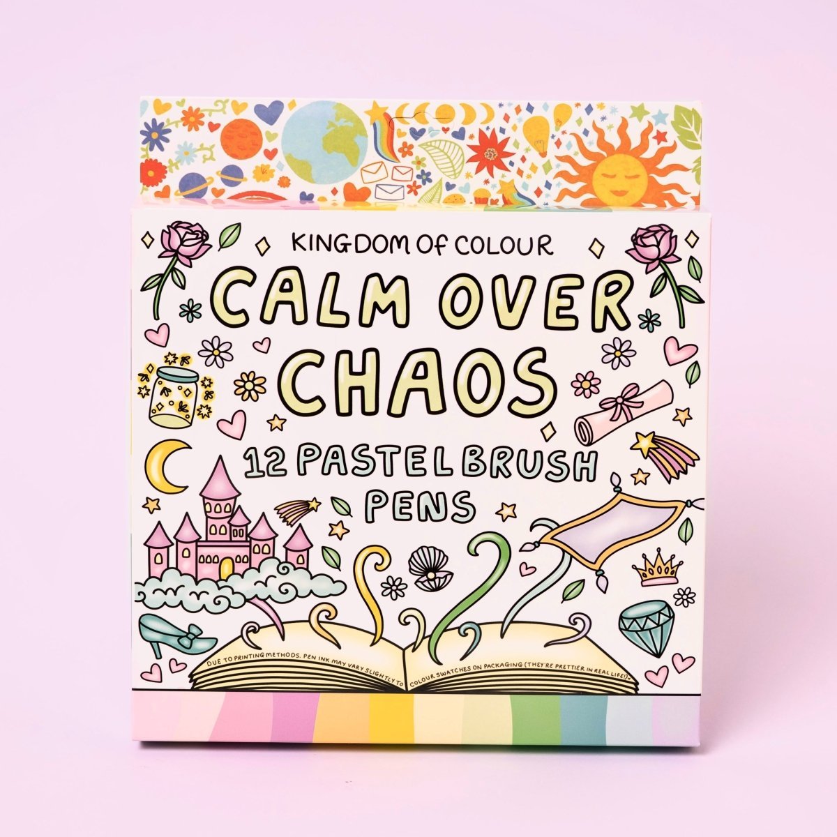 Packaging of 'Calm Over Chaos' coloring book with colorful illustrations on a light pink background