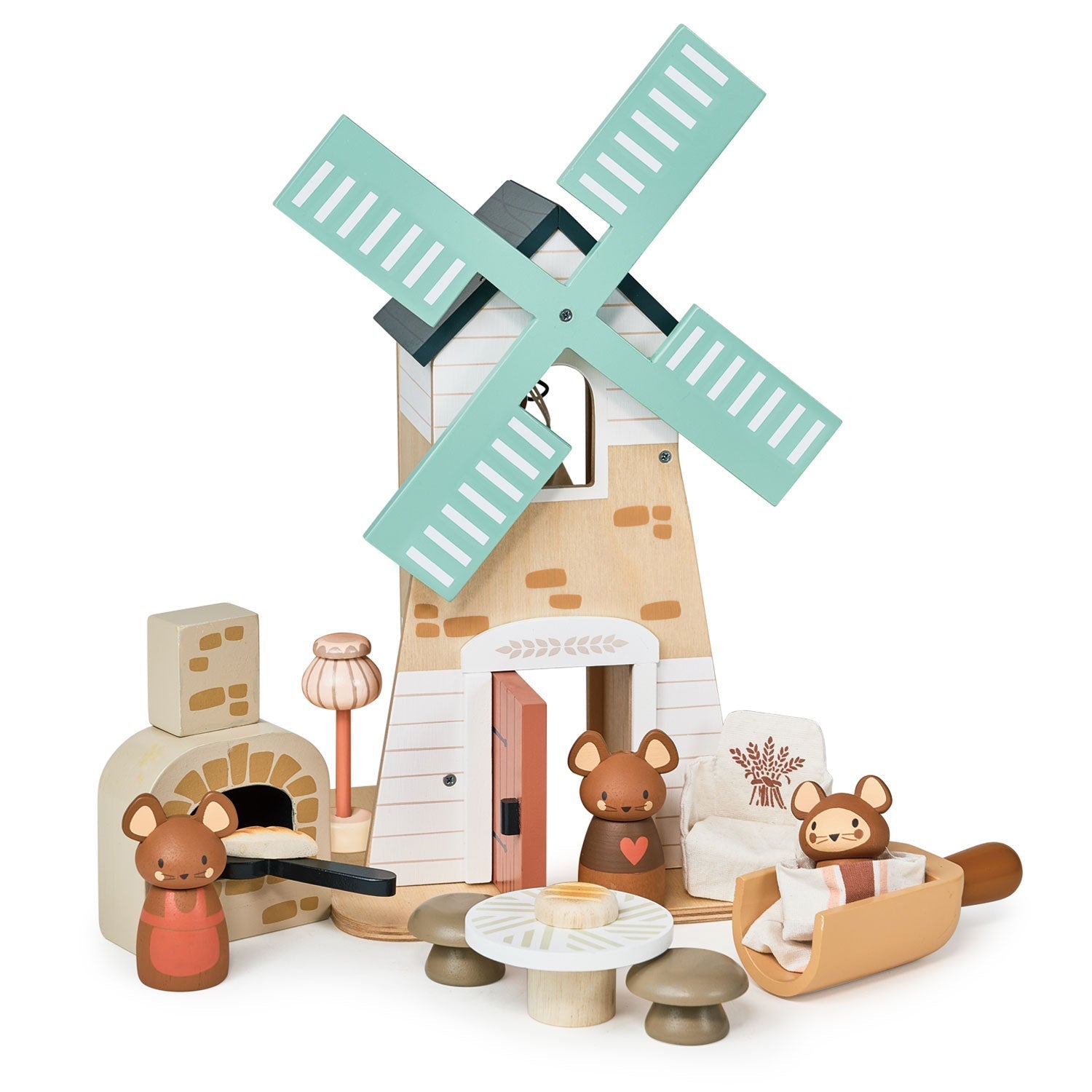 Wooden toy windmill with mice characters on a white background