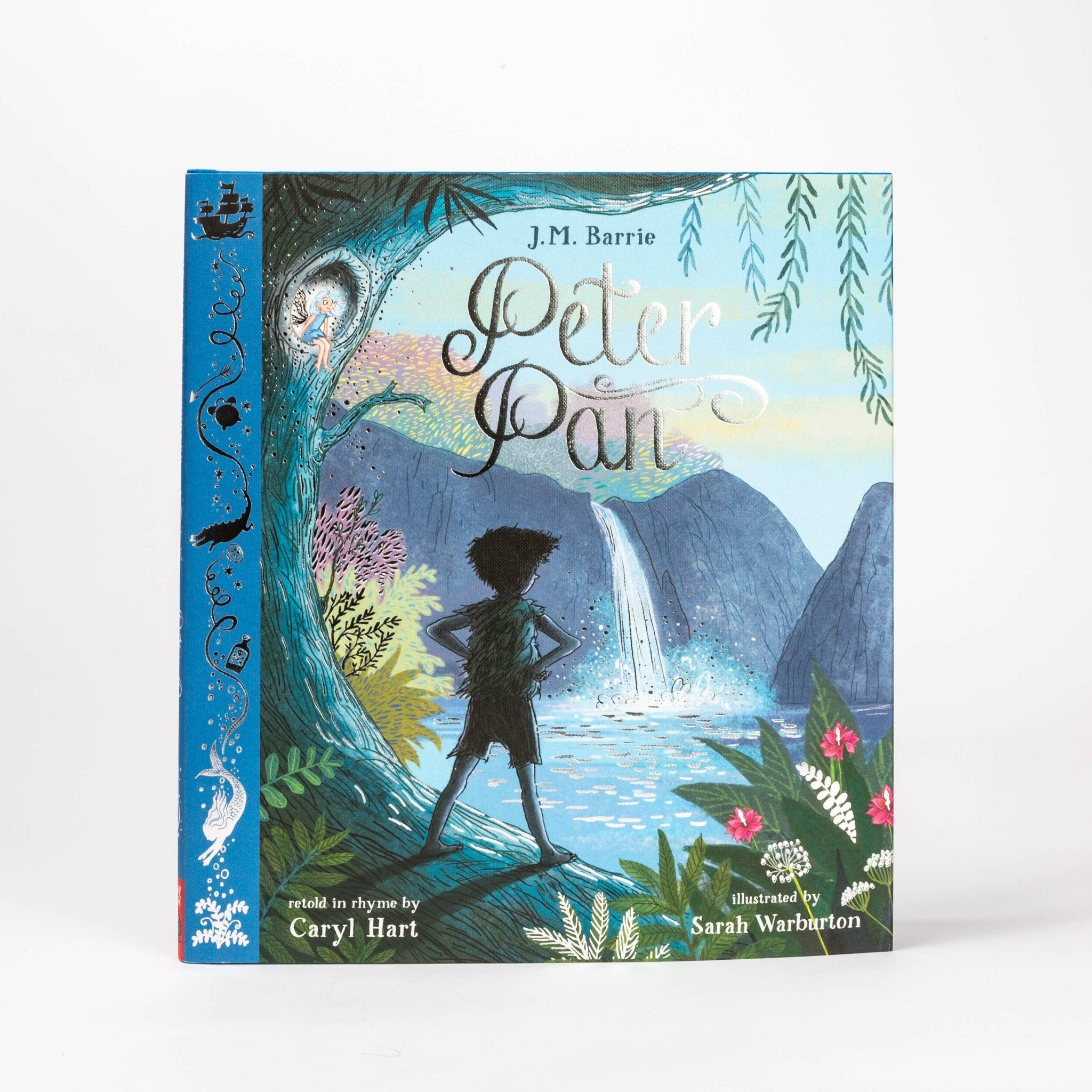 Book cover of 'Peter Pan' with a silhouette of a child and nature elements on a white background