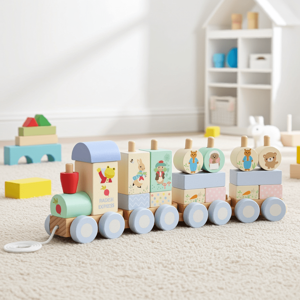 Colorful wooden toy train with cartoon characters on a carpeted floor.
