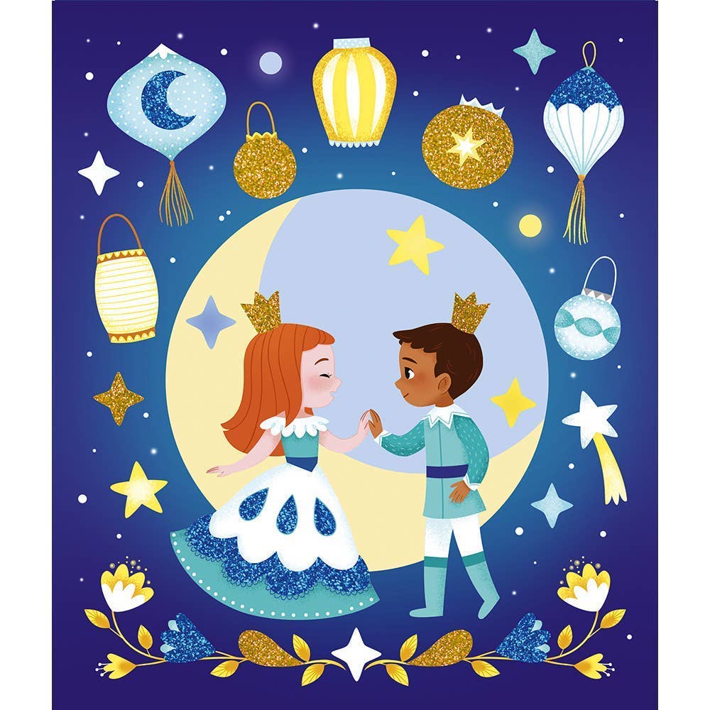 Illustration of a prince and princess holding hands with lanterns and stars in the background