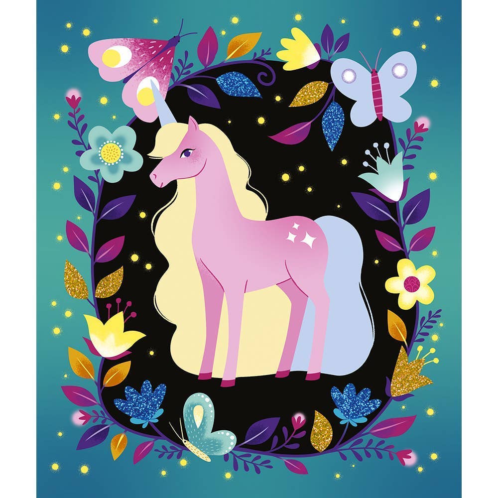 Illustration of a pink unicorn surrounded by flowers and butterflies on a dark blue background