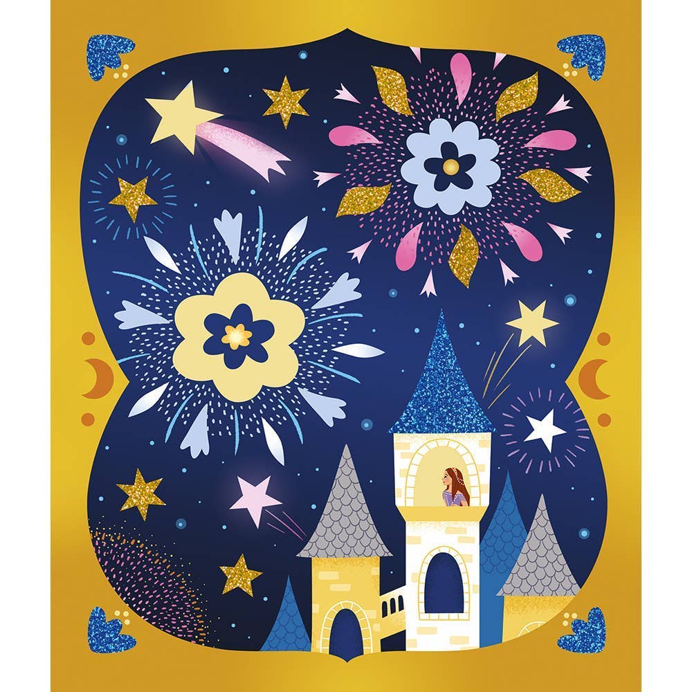 Illustration of a castle with fireworks and stars on a yellow background
