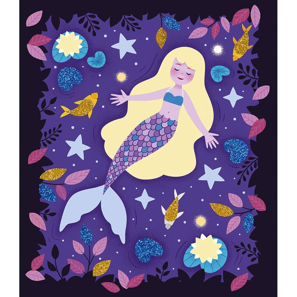 Illustration of a mermaid surrounded by sea creatures and plants on a purple background