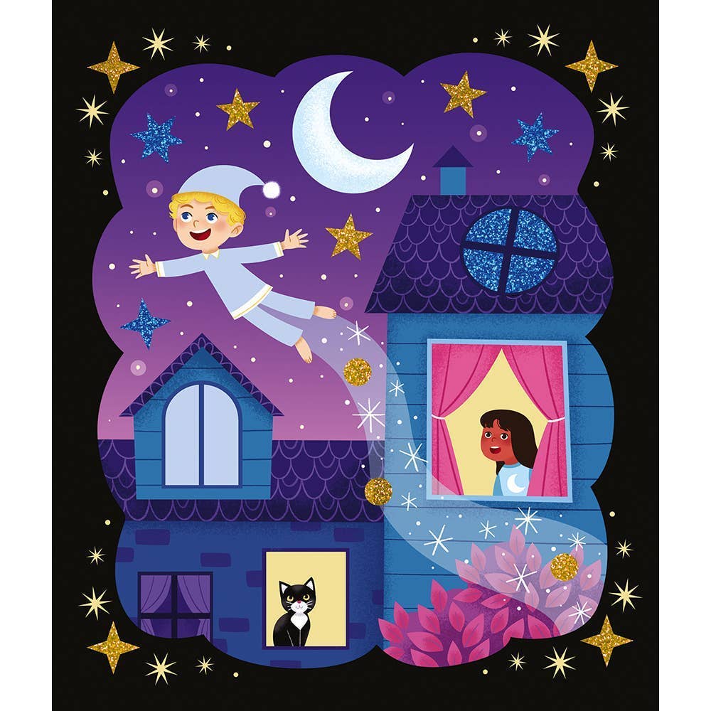 Illustration of a child sleeping in a house with a window showing a girl, another window with a cat, and stars and moon in the background.