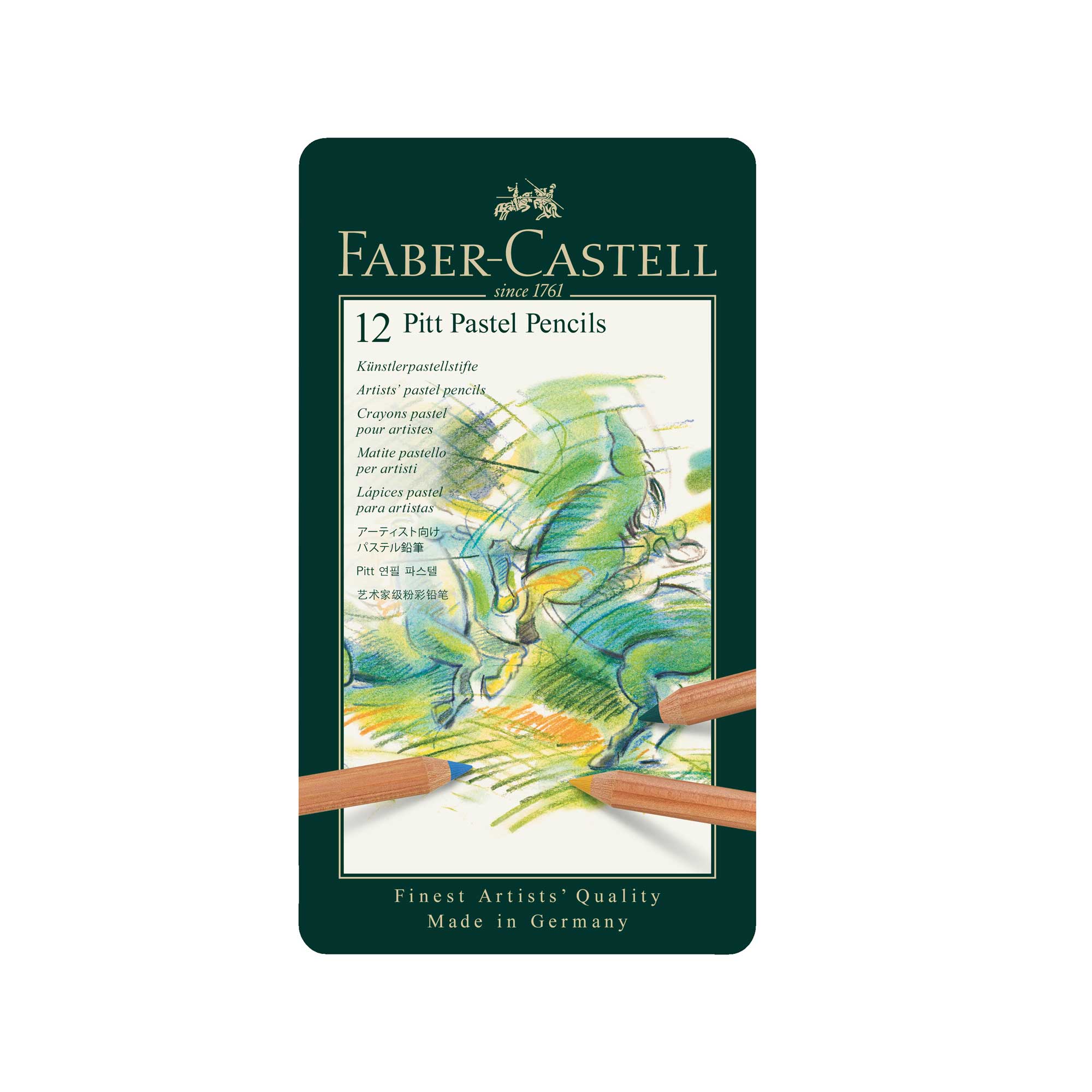 Faber-Castell Pitt Pastel Pencils packaging with artistic design on a white background