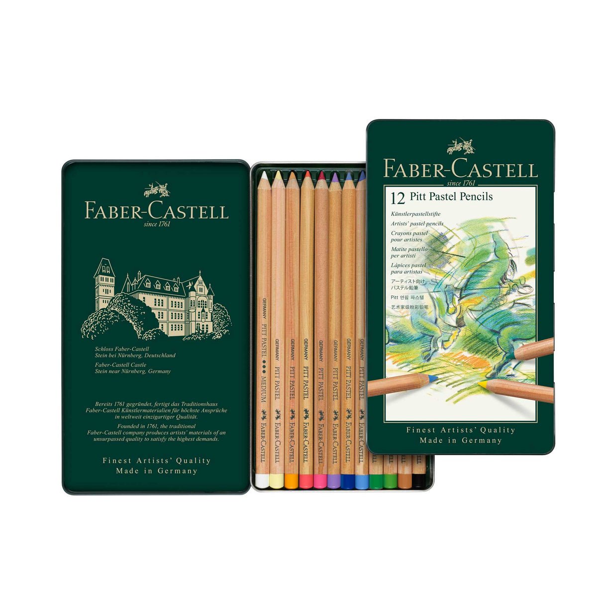 Faber-Castell Pitt Pastel Pencils set with green tin on a white background