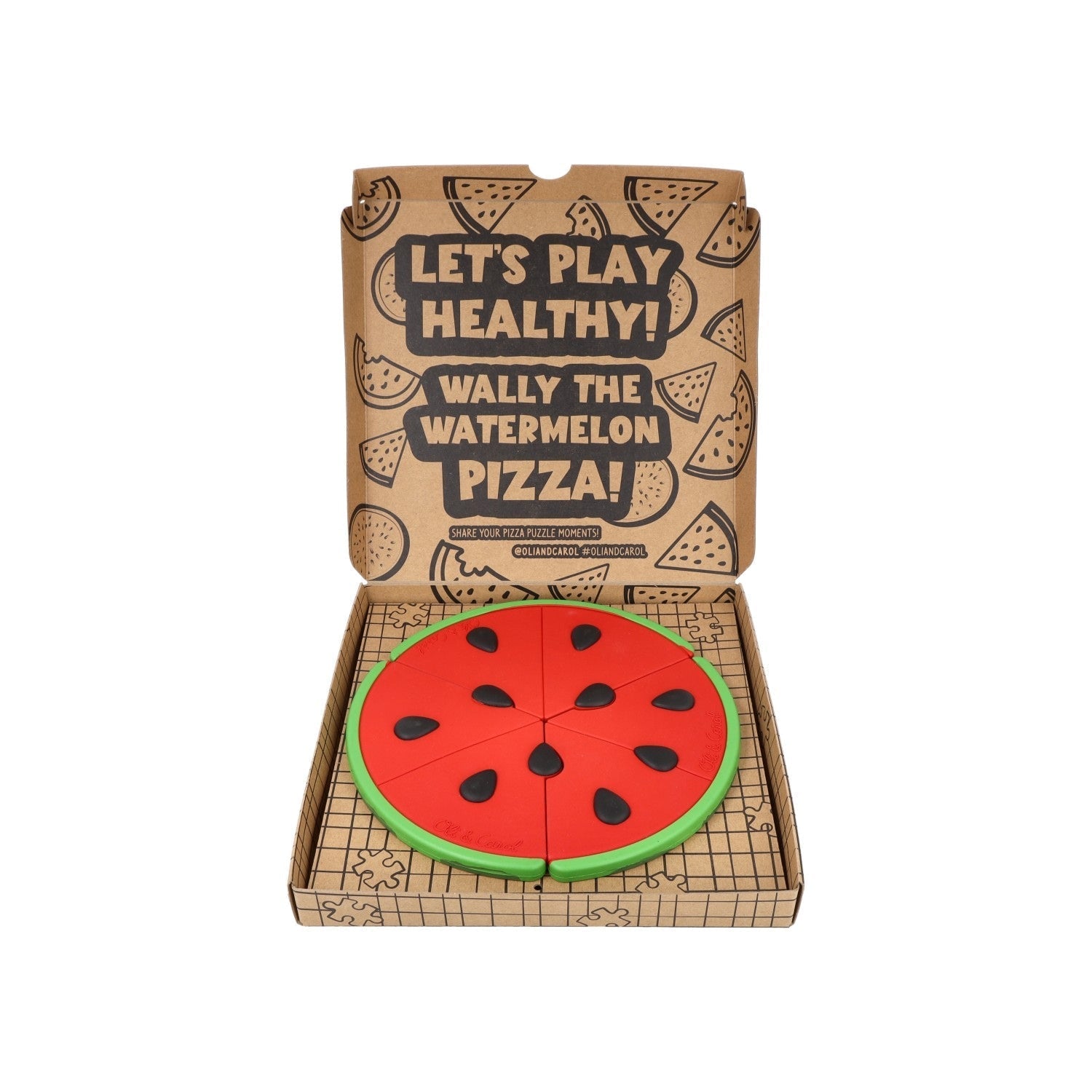 Playful pizza-shaped watermelon with cardboard box labeled 'Wally the Watermelon Pizza' on a white background