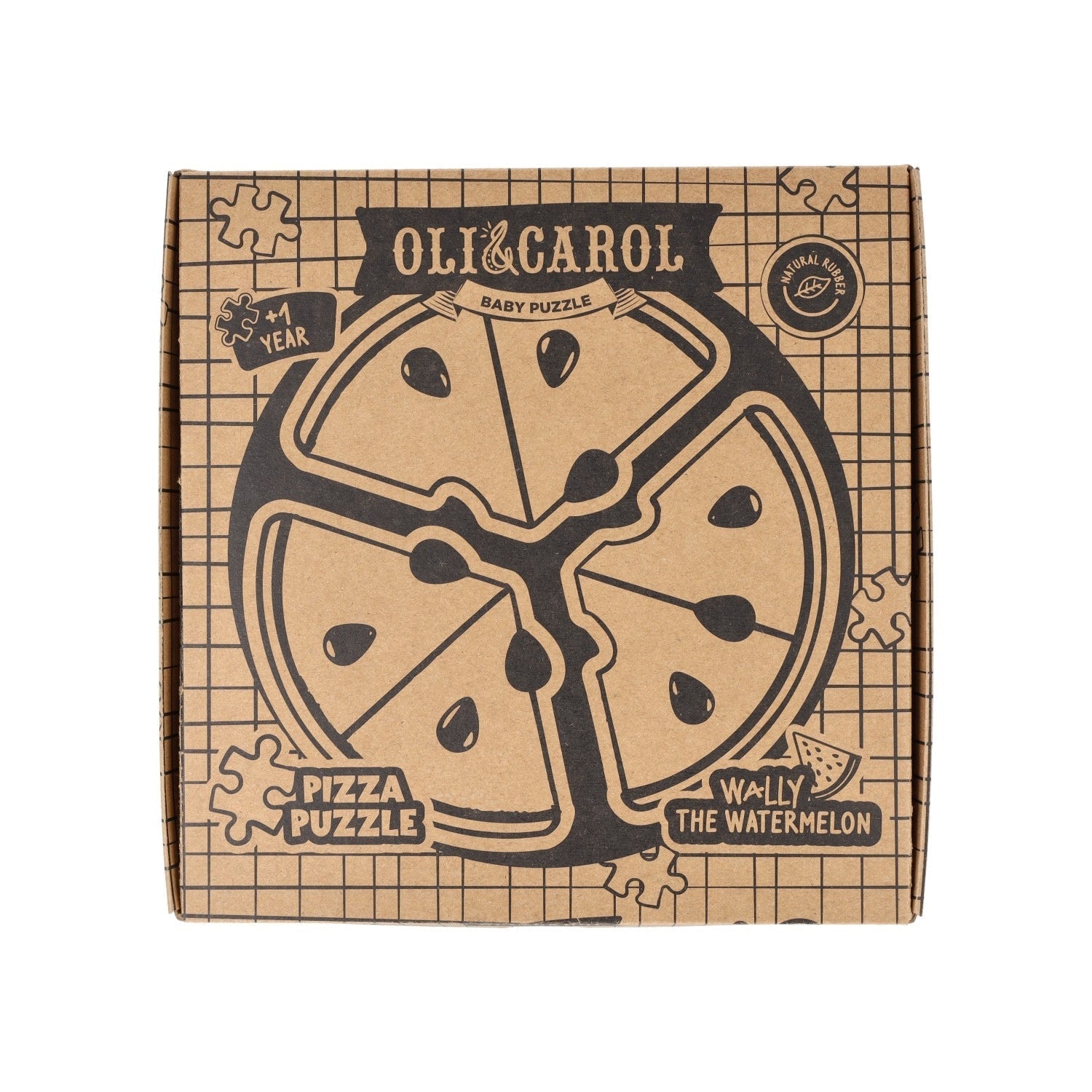 Oli & Carol pizza puzzle packaging with watermelon design on a white background