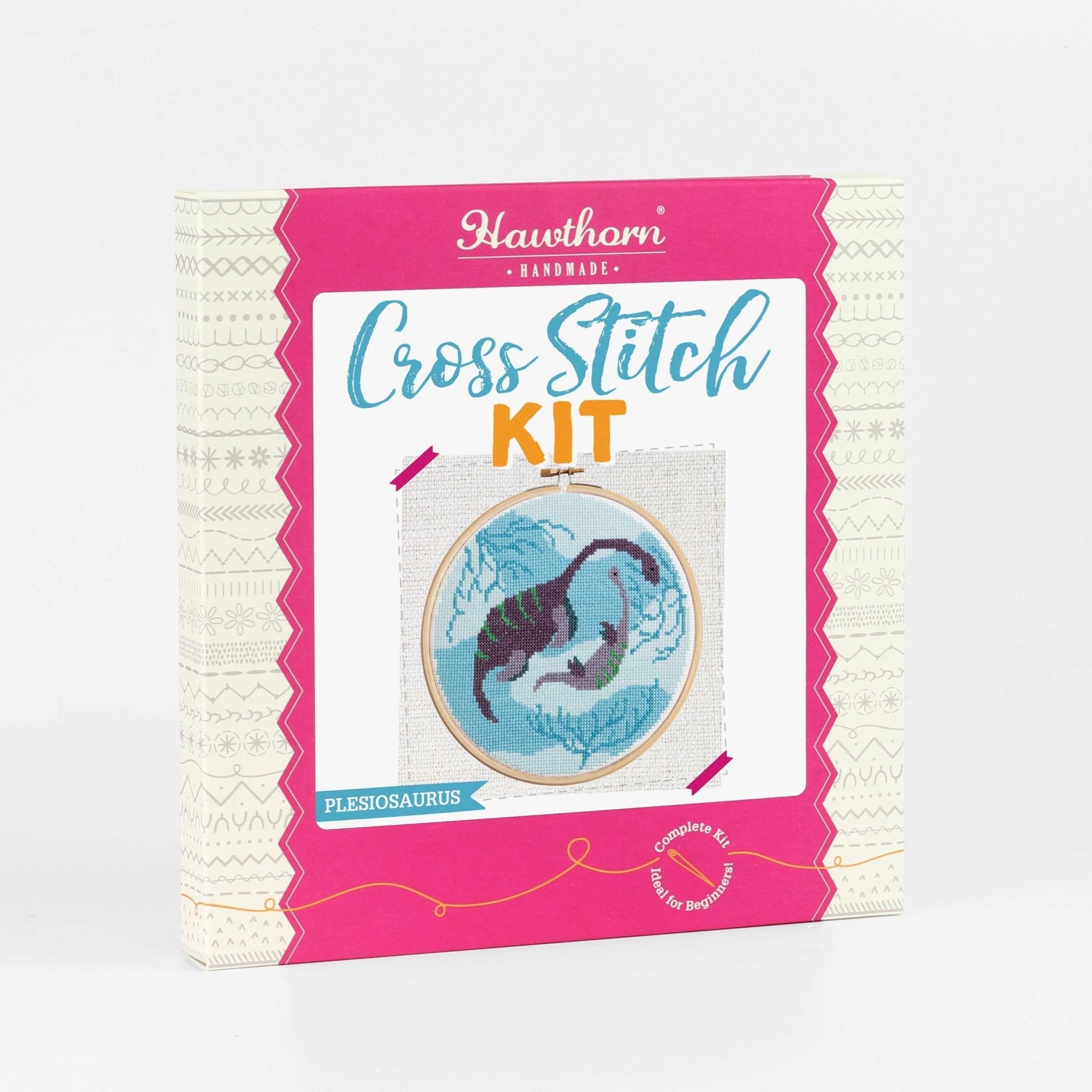 Cross Stitch Kit packaging with dinosaur design on a white background