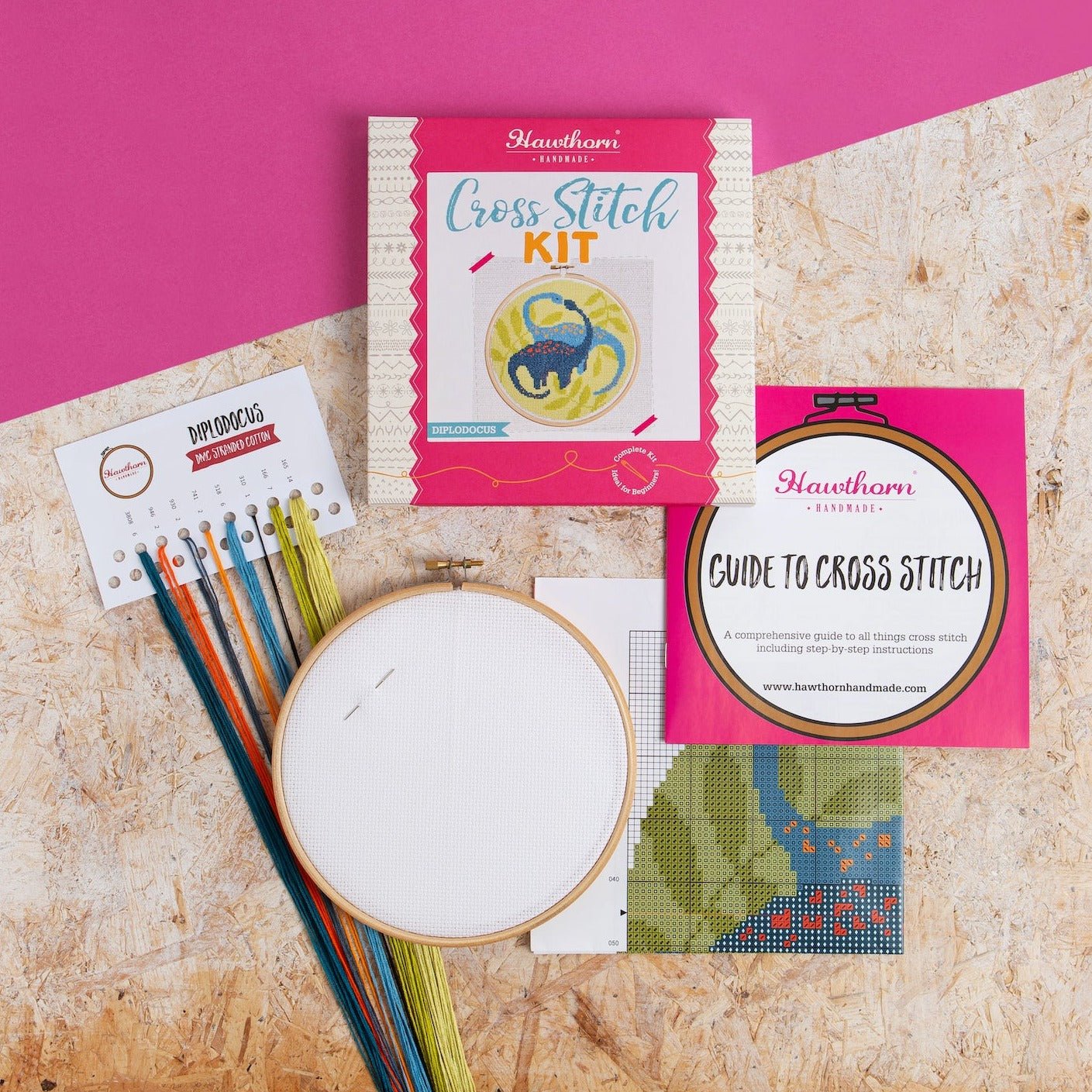 Cross stitch kit with materials on a textured surface