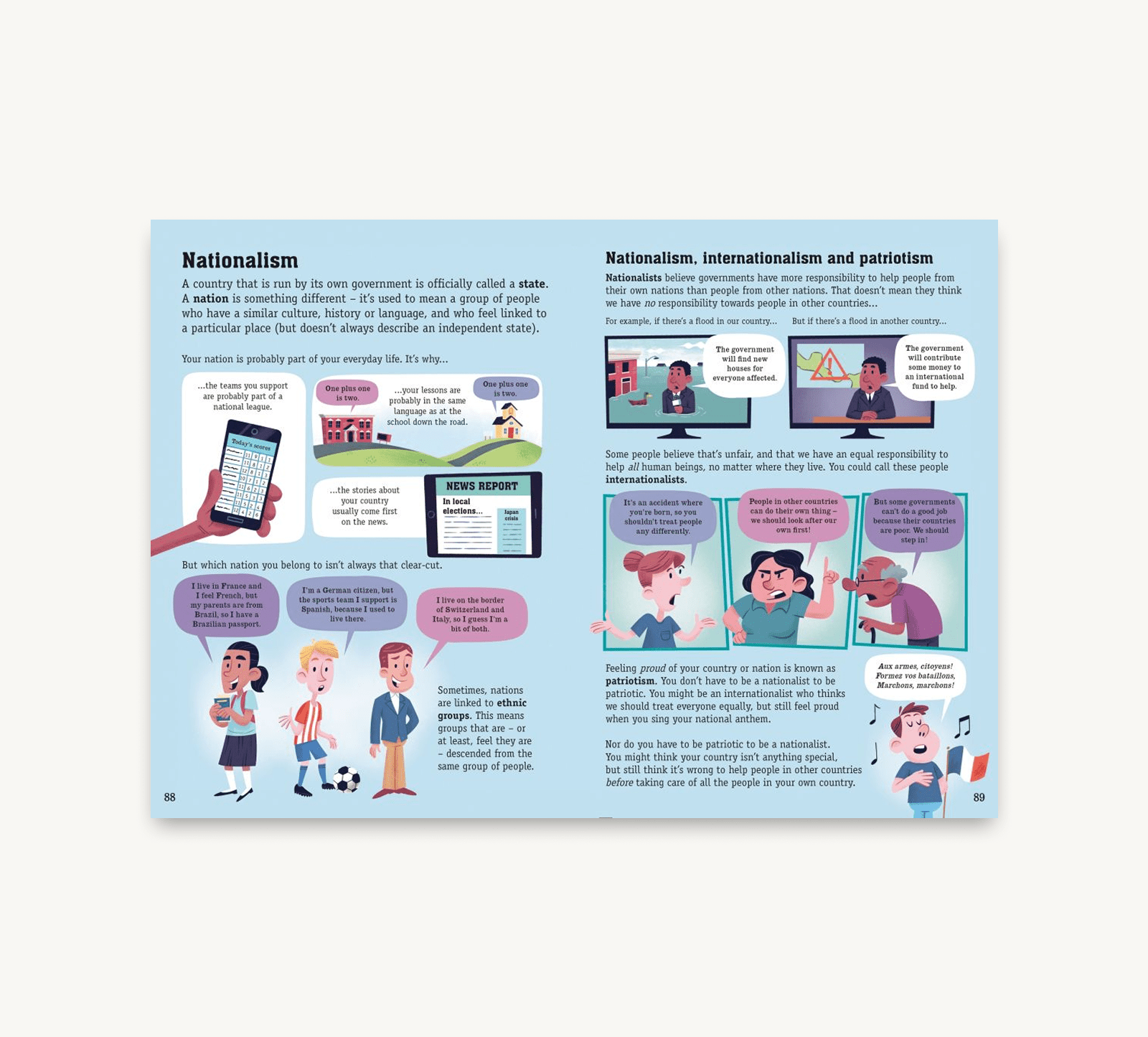 Educational infographic on nationalism with illustrations and text