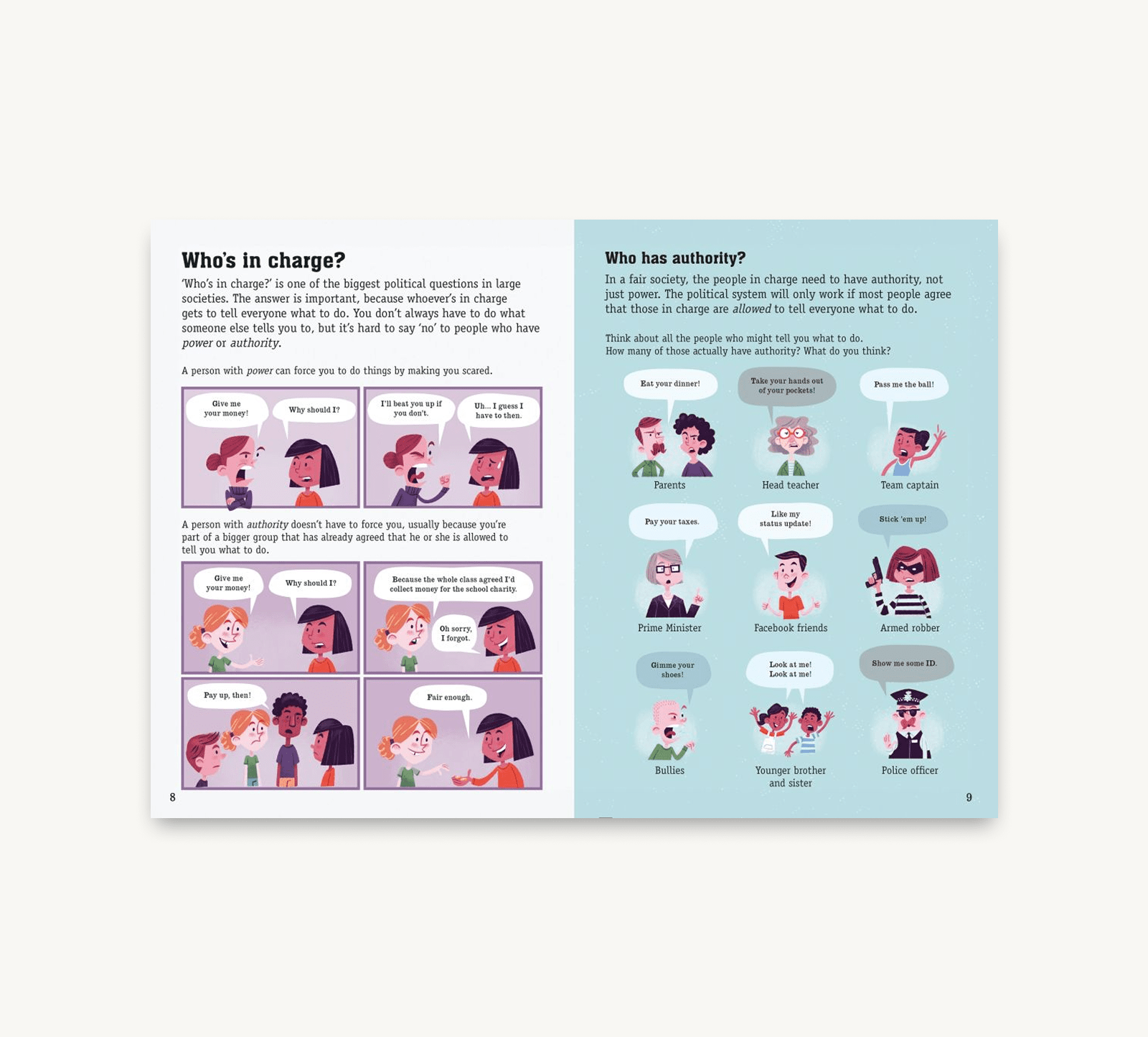 Educational book page with illustrations and text on authority and responsibility.