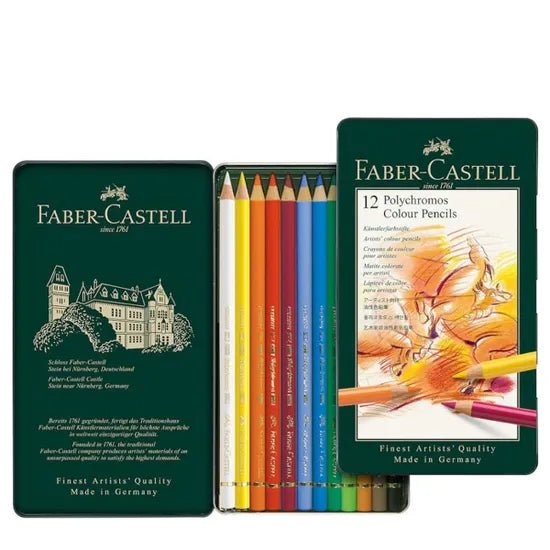 Faber-Castell color pencils set in a tin with branding and product details.