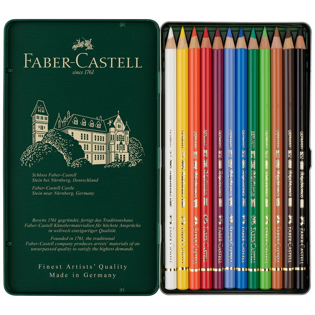 Faber-Castell colored pencils in a tin with the brand name and building illustration.