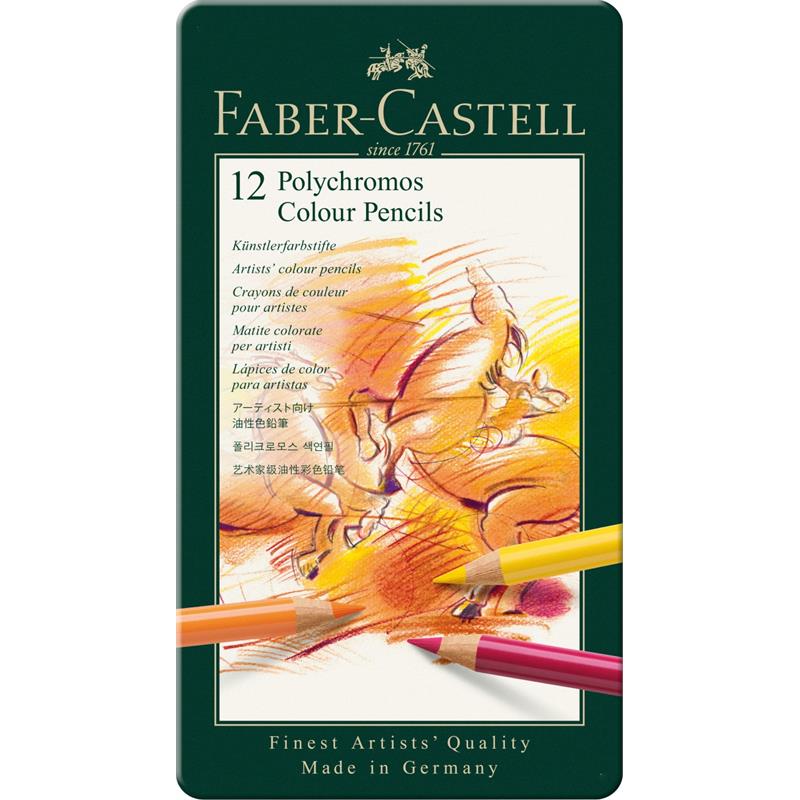Faber-Castell 12 Polychromos Colour Pencils packaging with artwork on a white background