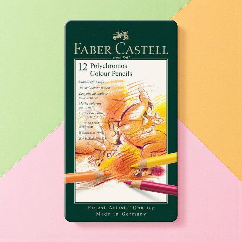 Faber-Castell Polychromos Colour Pencils packaging on a colorful background
