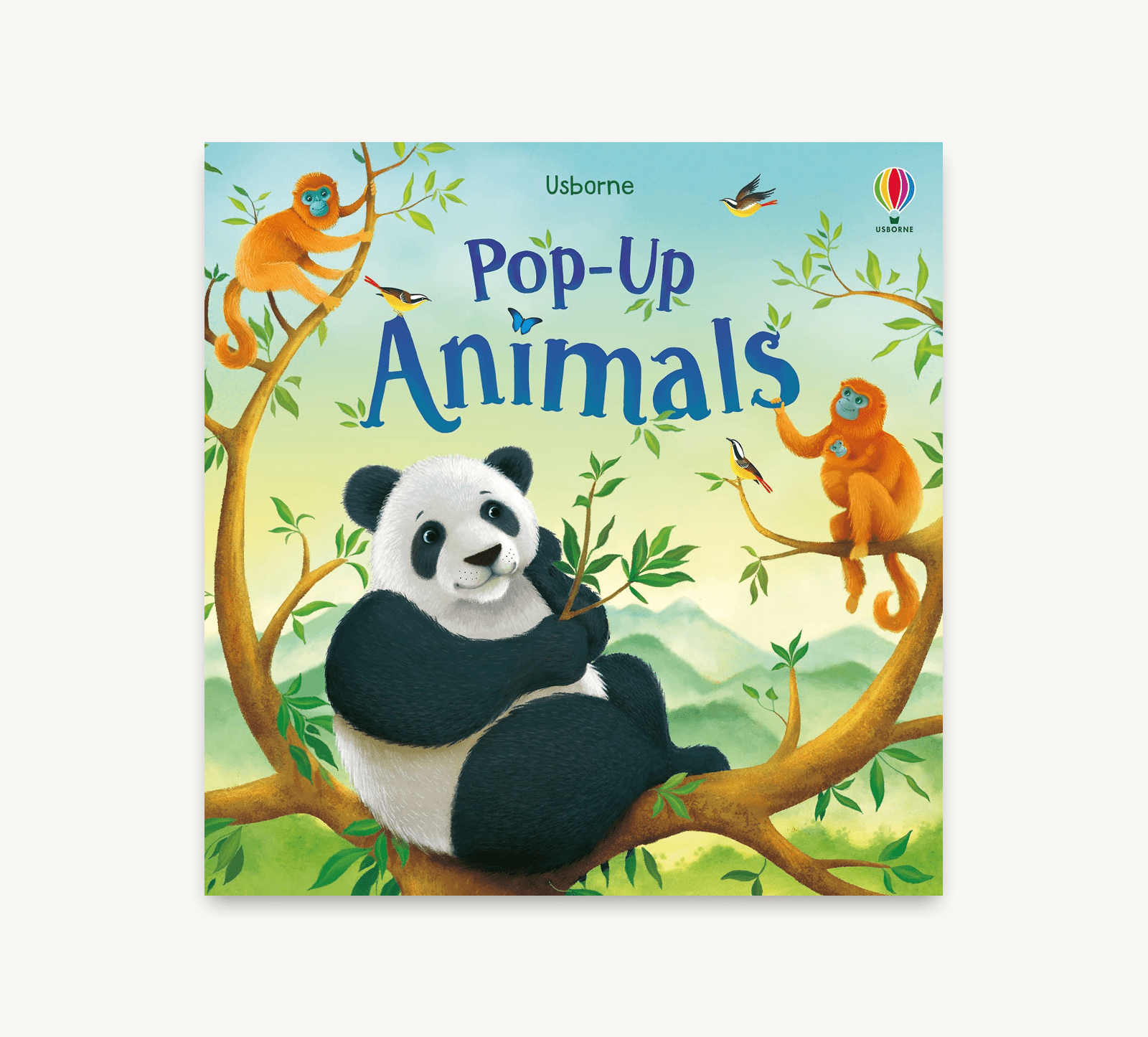 Book cover of 'Pop-Up Animals' with a panda and monkeys on a tree branch.