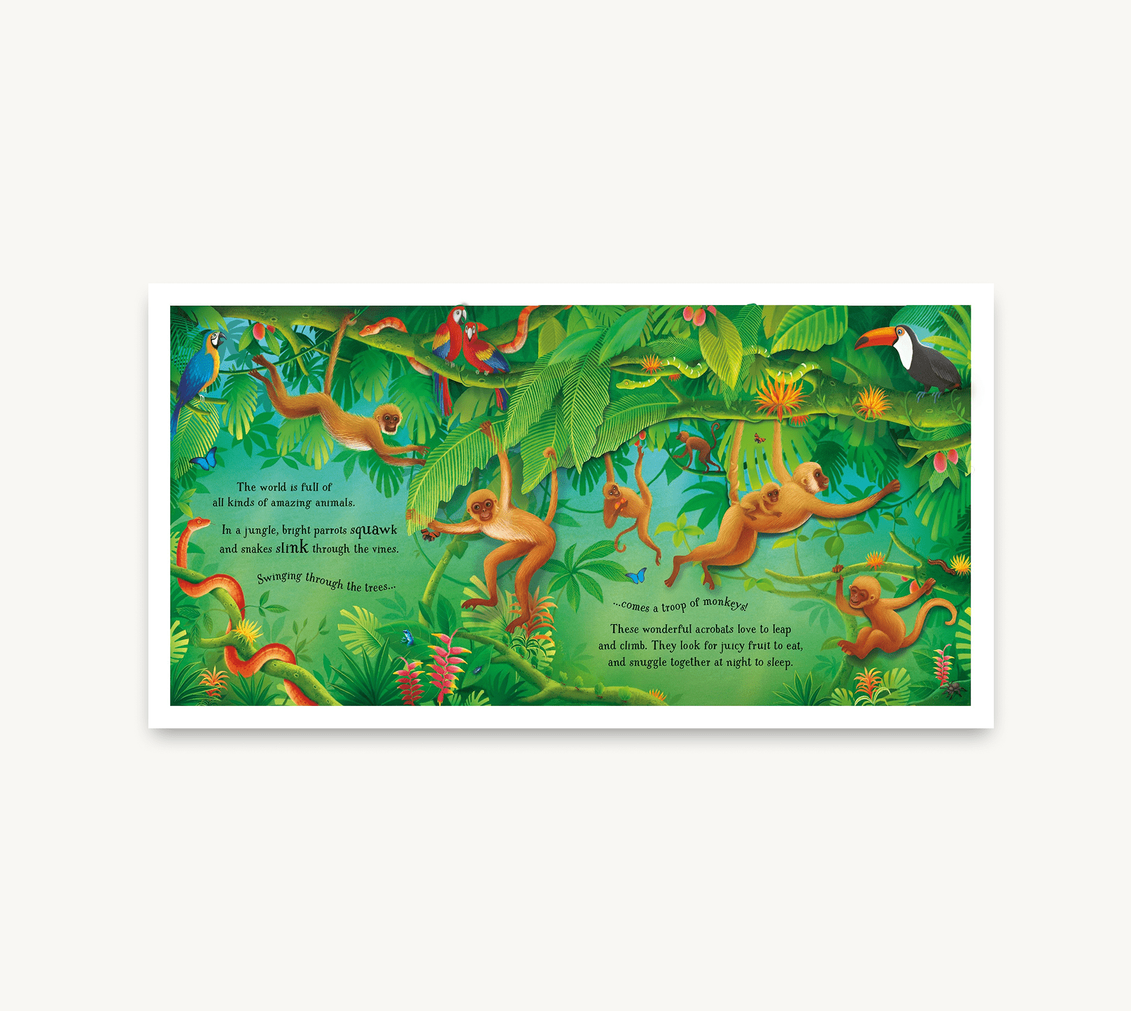 Colorful illustration of monkeys in a jungle setting with text on a white background