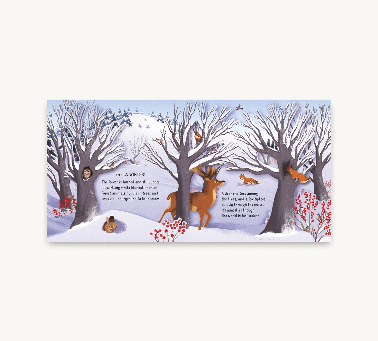 Winter scene with deer and fox in a snowy landscape
