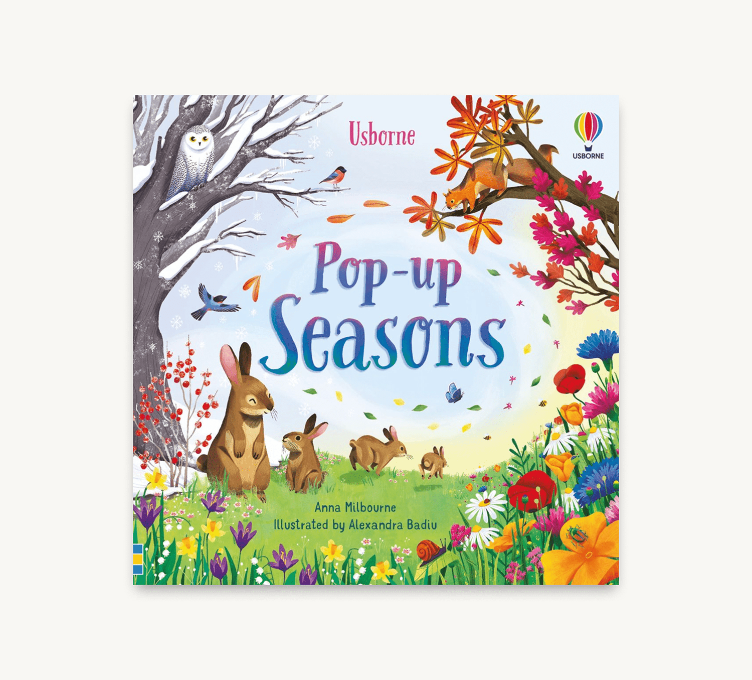 Children's book titled 'Pop-up Seasons' by Usborne with colorful illustrations of animals and nature.