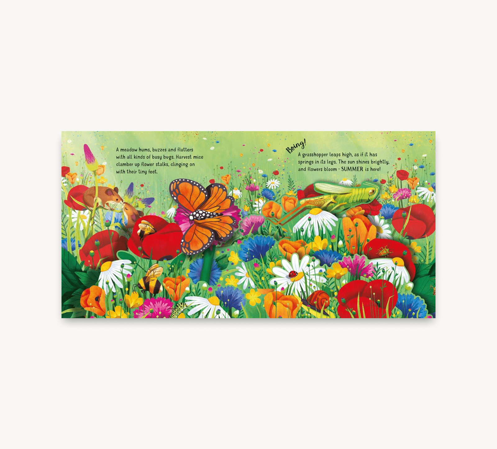 Colorful illustration of a garden scene with flowers and butterflies on a book page.
