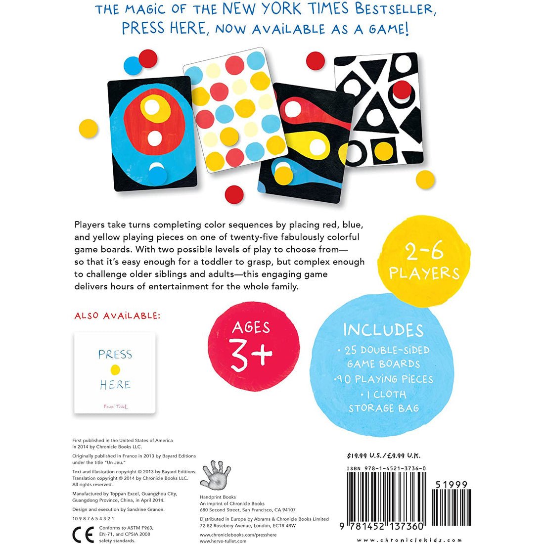 Back cover of a board game packaging with colorful game pieces and text about the game.
