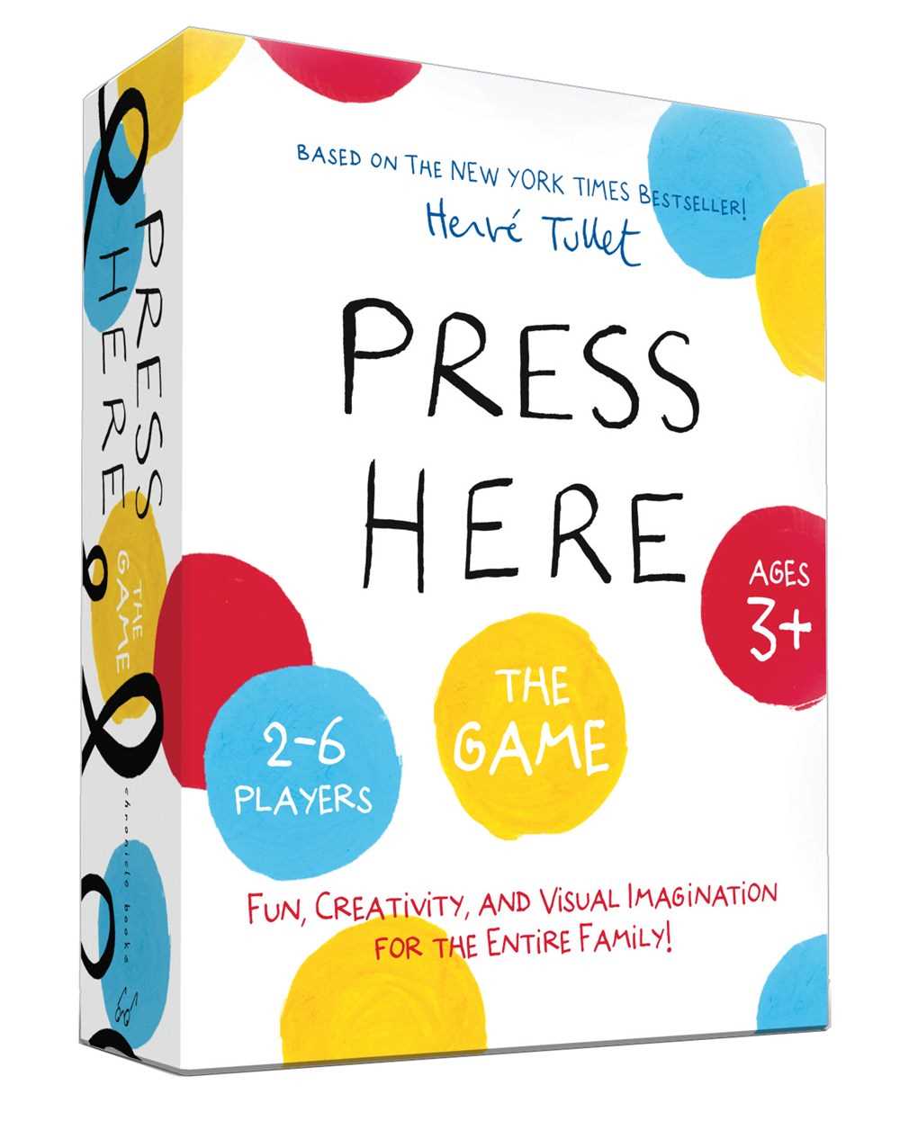 Board game box titled 'Press Here' with colorful circles and text on a white background