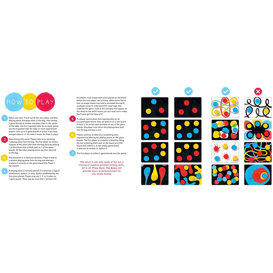 Instructions for a game with colorful dot patterns on a white background
