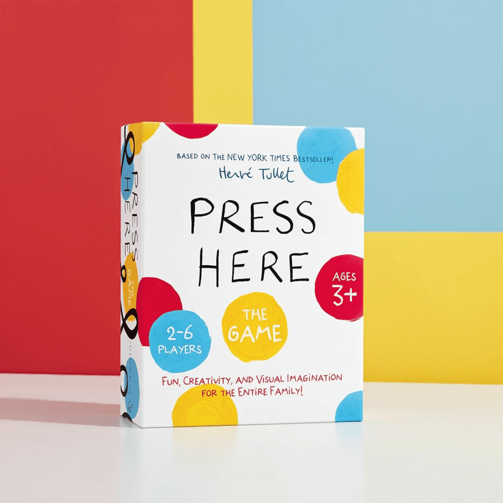 Board game box titled 'Press Here' by Mireille Tullet against a colorful background