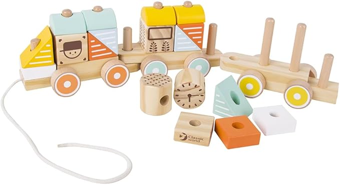 Wooden toy with a pull cord, geometric shapes, and a camper-like structure on a white background