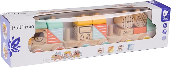 Wooden toy train set in packaging with colorful design