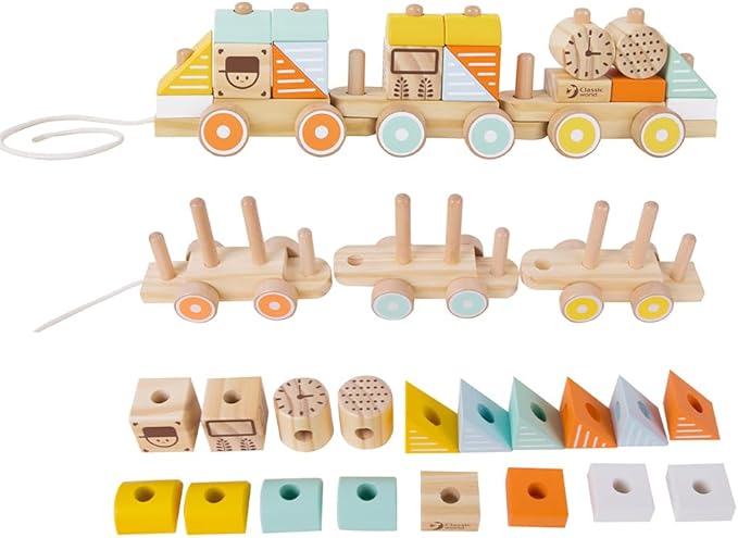 Wooden toy train set with pull string and sorting blocks on a white background