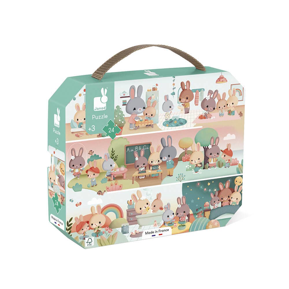 Children's puzzle box with cartoon rabbit characters on a white background
