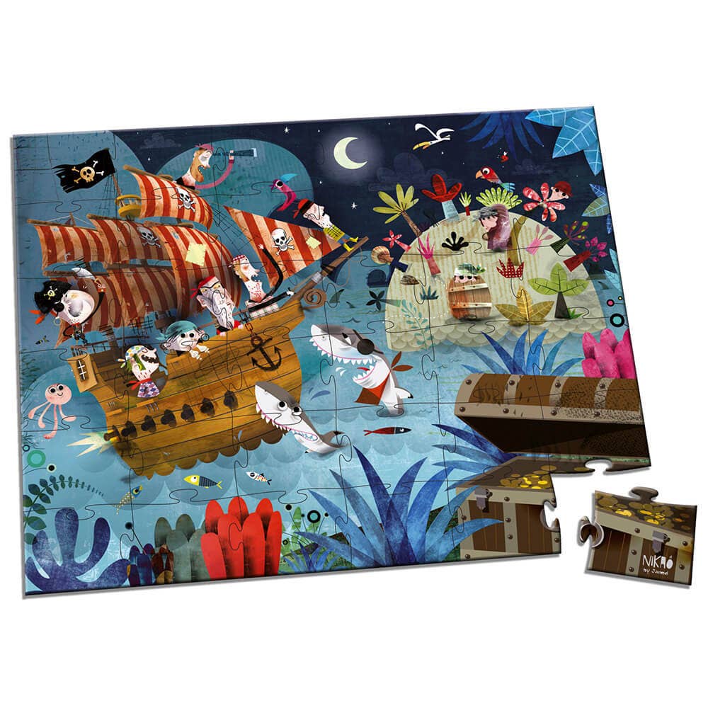 Pirate-themed children's puzzle with a ship, treasure chest, and other elements on a white background.