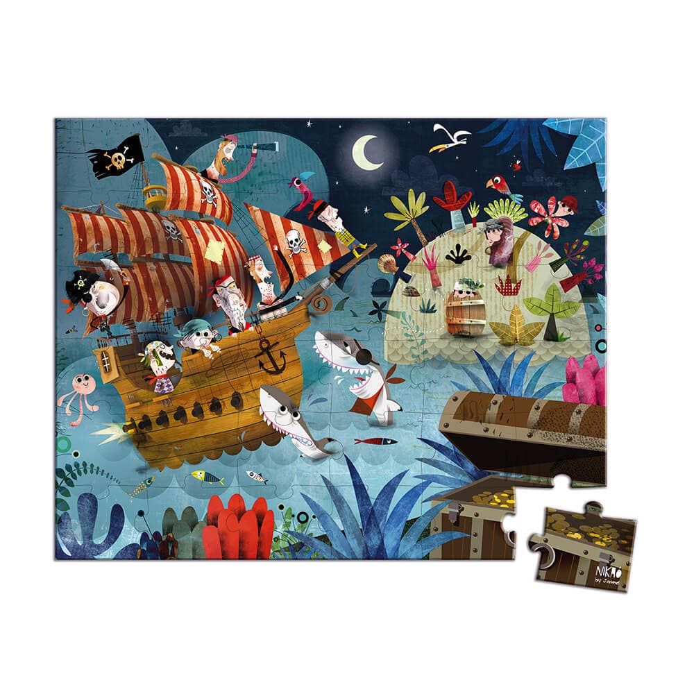 Pirate-themed children's puzzle with a ship, treasure chest, and other elements on a blue background.