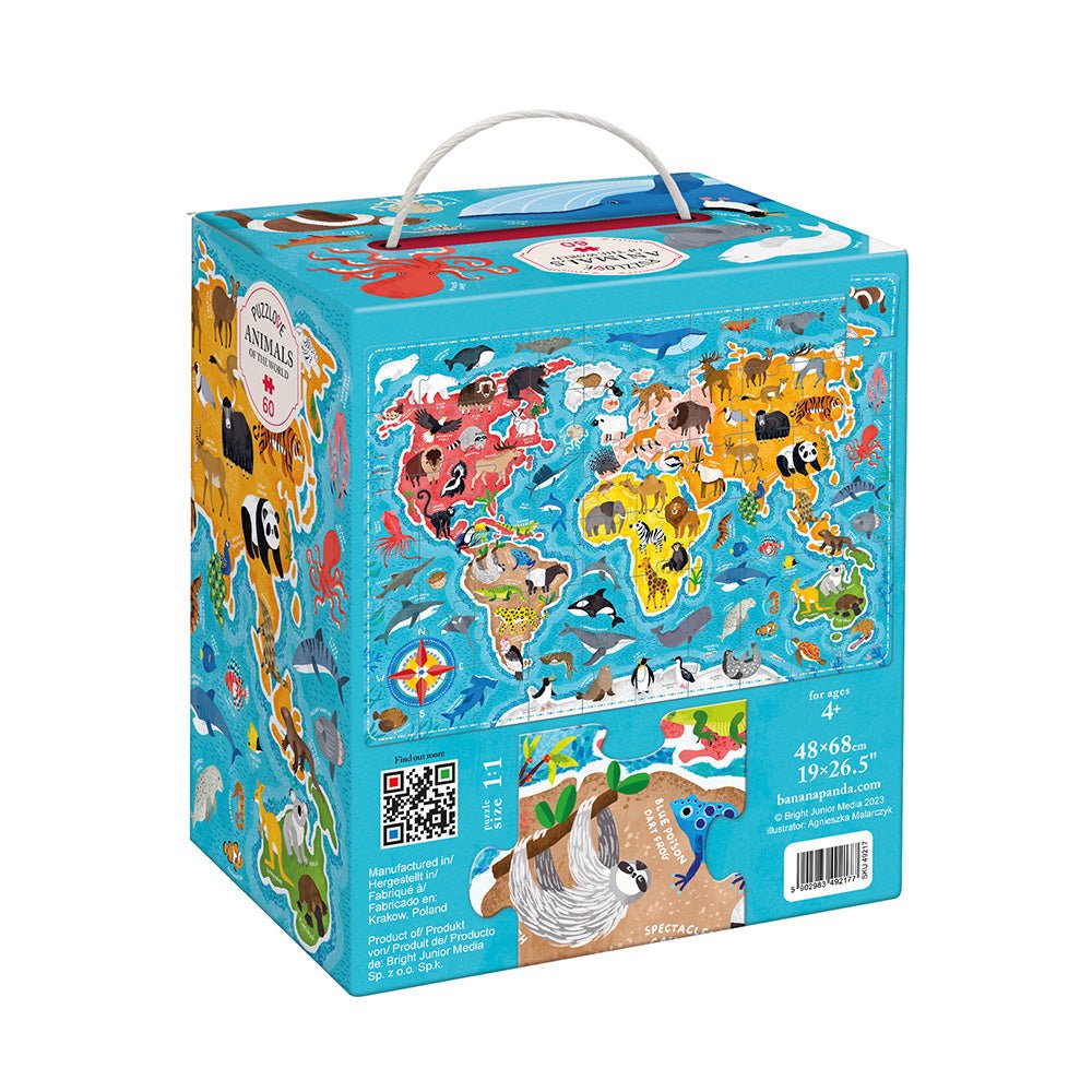Children's world map puzzle box with colorful illustrations on a white background