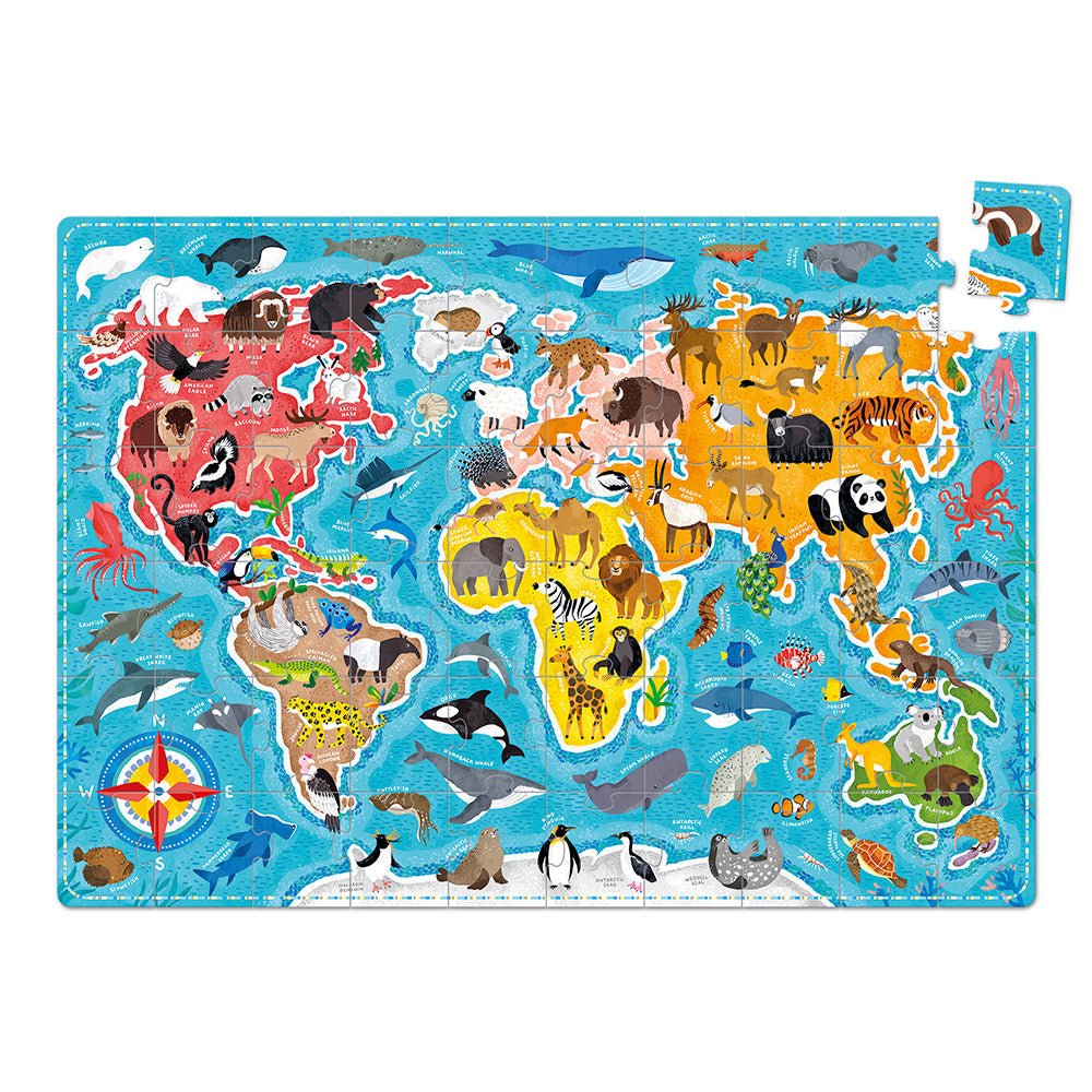 World map puzzle with animal illustrations on a blue background