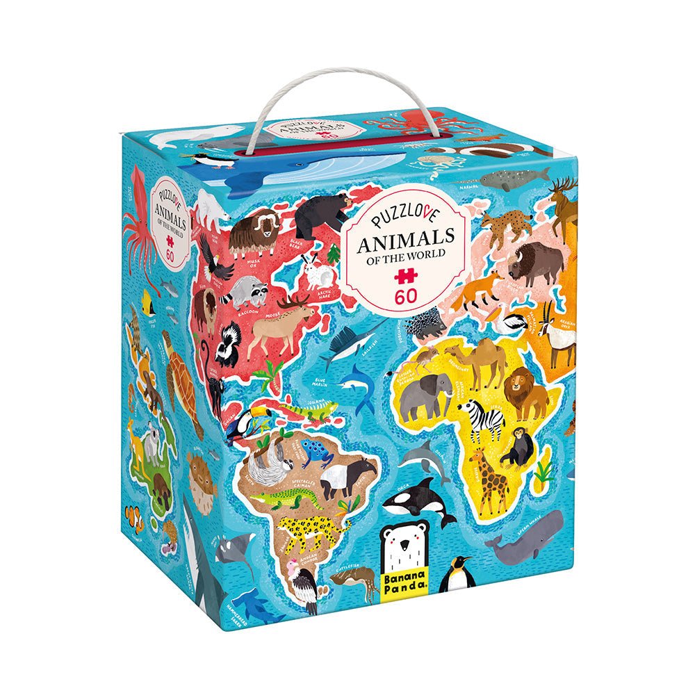 Puzzles box with animal illustrations on a blue background
