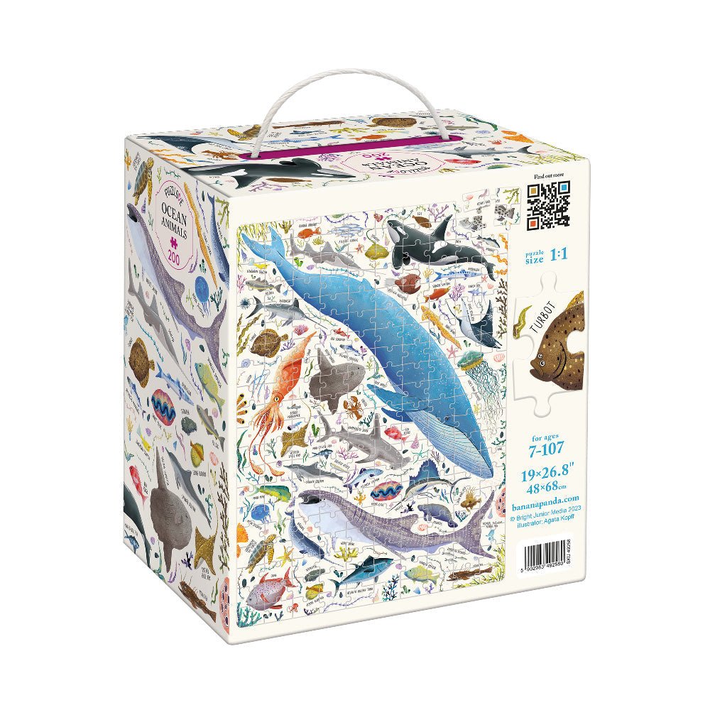 Puzzle box with ocean-themed illustrations on a white background