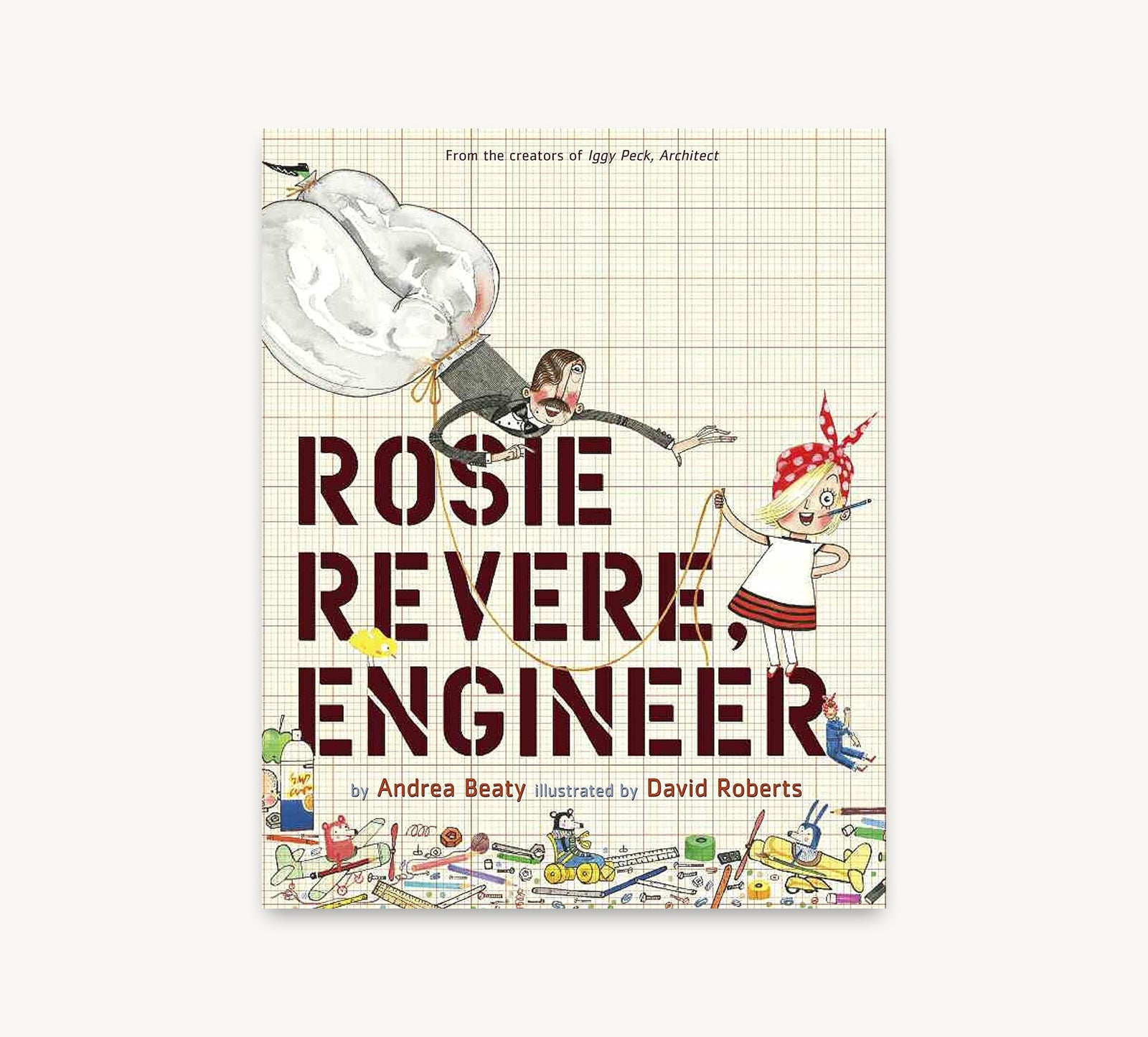 Book cover of 'Rosie Revere, Engineer' with illustrations of a young girl and a robot on a checkered background.